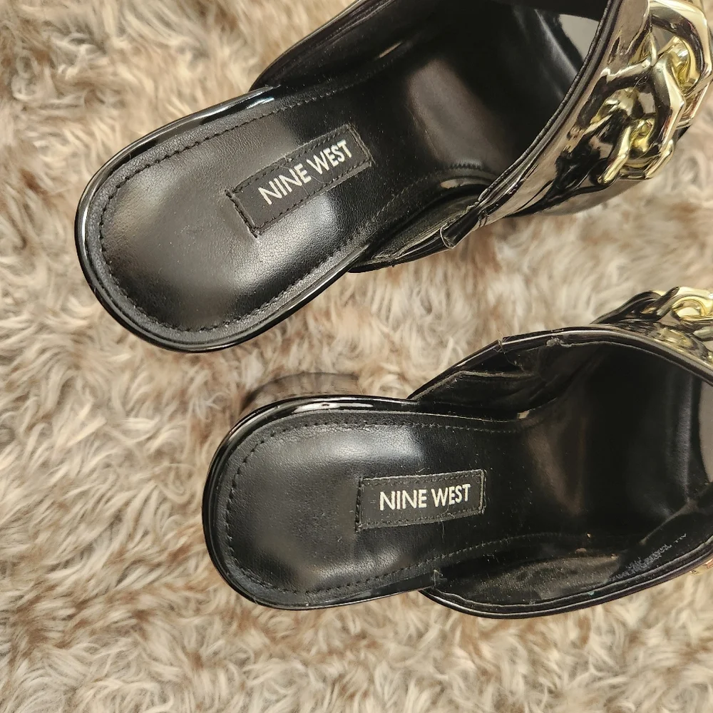 Nine West Relee Slip-on Rounded Open Toe Chain Detail Platform Sandals Black 6.5